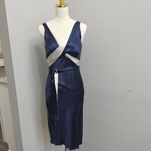 Vintage Reversible Nicole Miller Navy and White Satin Wrap Sheath Dress